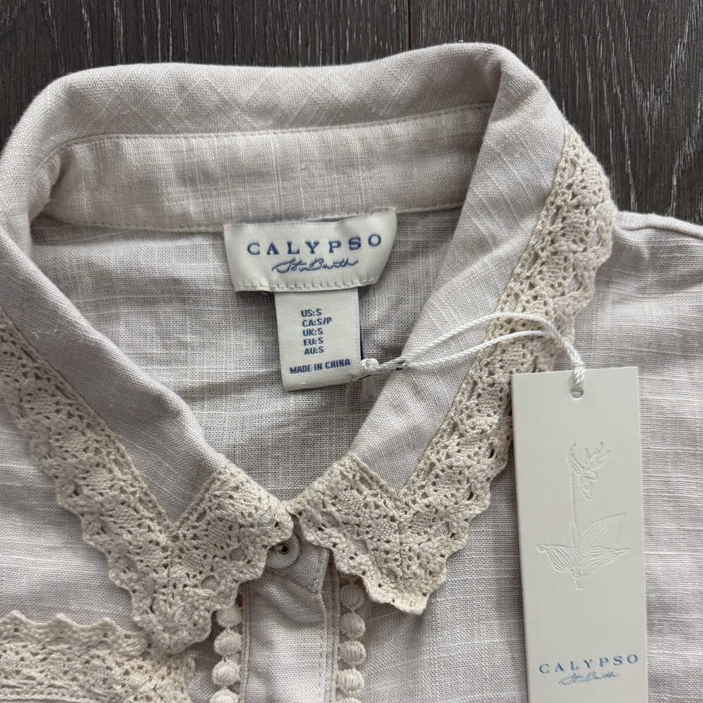Calypso St Barth NWT Linen Blend Crochet Belted Shirt Dress Bird Resort Luxury - Picture 9 of 14